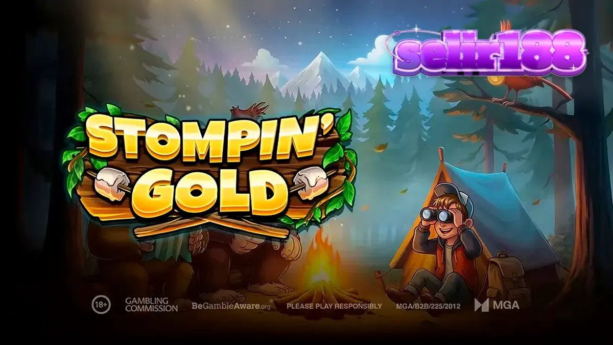 Pemandangan hutan berkabut dengan elemen petualangan di slot Stompin’ Gold